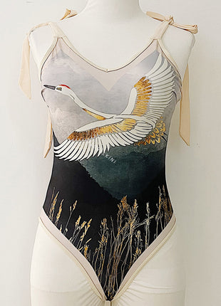 Whooping Crane Print Plunge Tie-Shoulder One Piece Swimsuit
