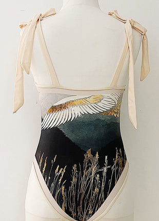Whooping Crane Print Plunge Tie-Shoulder One Piece Swimsuit