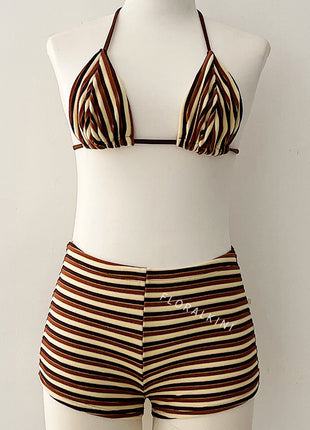 Color Block Striped Rib Triangle Halter Bikini Top And Low Rise Boy Shorts