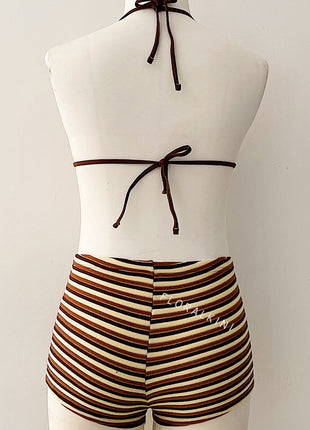 Color Block Striped Rib Triangle Halter Bikini Top And Low Rise Boy Shorts