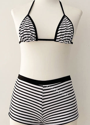 Black & White Striped Triangle Halter Bikini Top And Low Rise Boy Shorts