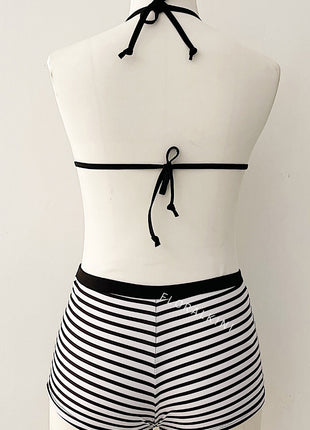 Black & White Striped Triangle Halter Bikini Top And Low Rise Boy Shorts