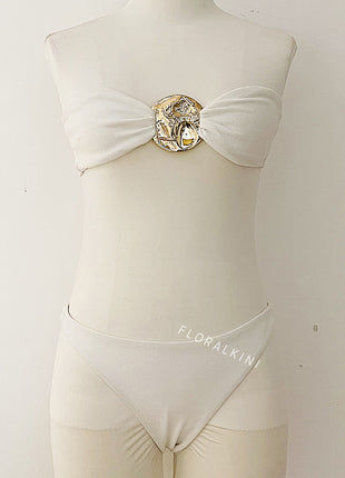 Metal Oyster Decored Bandeau High Leg Bikini Set With Asymmetrical Sarong