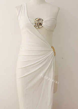 Metal Oyster Decored Bandeau High Leg Bikini Set With Asymmetrical Sarong
