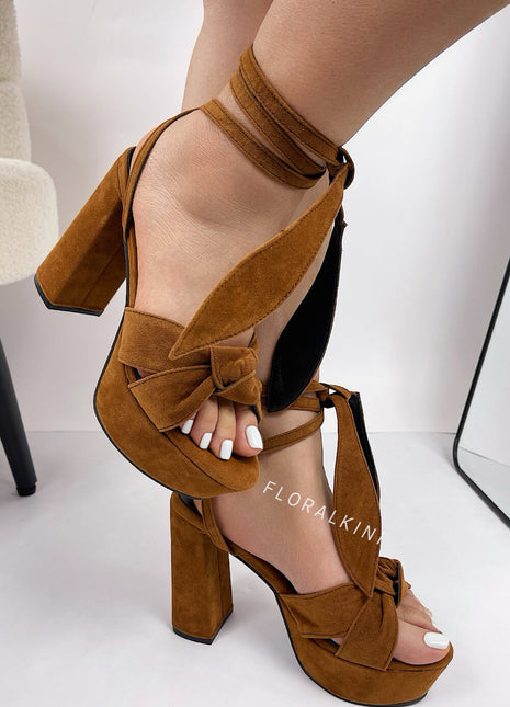 Knotted Ankle-Wrap Open Toe Platform Suede Sandals - Brown
