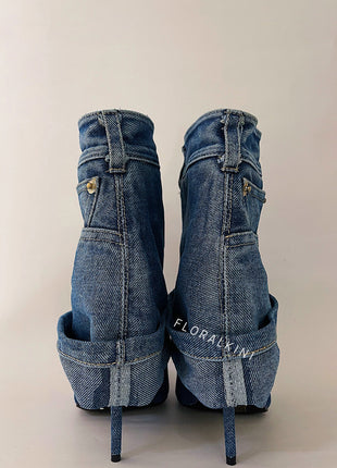 Denim Folded Mid Calf Pointed Toe Stiletto Heel Boots