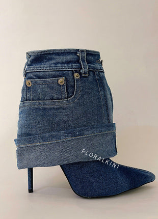 Denim Folded Mid Calf Pointed Toe Stiletto Heel Boots