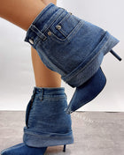 Denim Folded Mid Calf Pointed Toe Stiletto Heel Boots