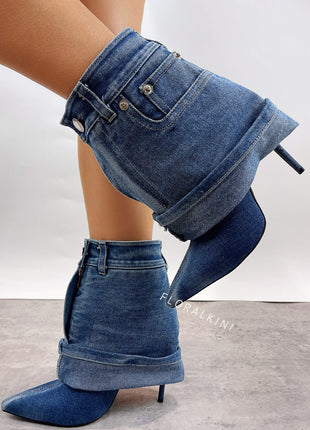 Denim Folded Mid Calf Pointed Toe Stiletto Heel Boots