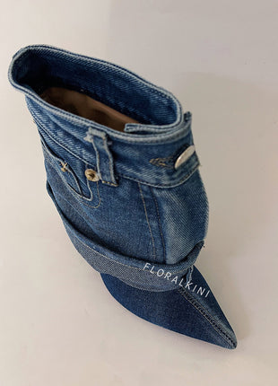 Denim Folded Mid Calf Pointed Toe Stiletto Heel Boots