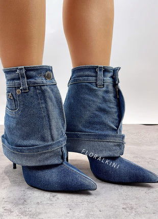 Denim Folded Mid Calf Pointed Toe Stiletto Heel Boots