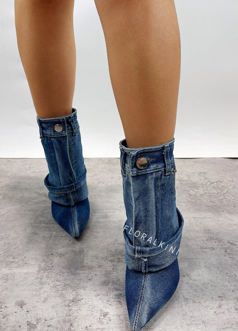Denim Folded Mid Calf Pointed Toe Stiletto Heel Boots