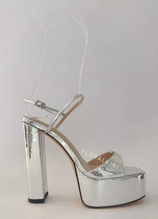 Metallic Silver Open Square Toe Platform Block Heels