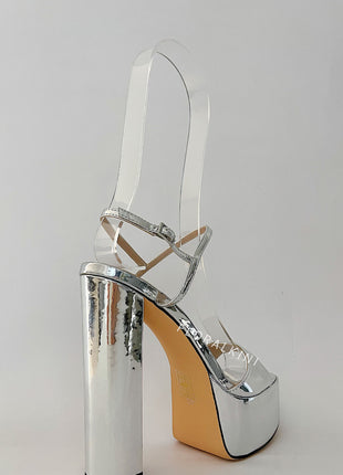 Metallic Silver Open Square Toe Platform Block Heels