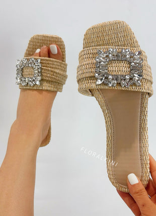 Raffia Embellished Buckle Slip On Flat Sandals