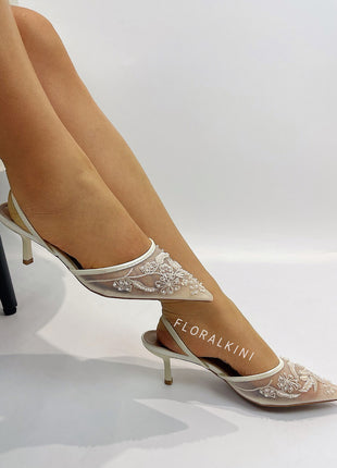 Bridal Beaded Embroidered Mesh Pointed Toe Slingback Kitten Court Heels