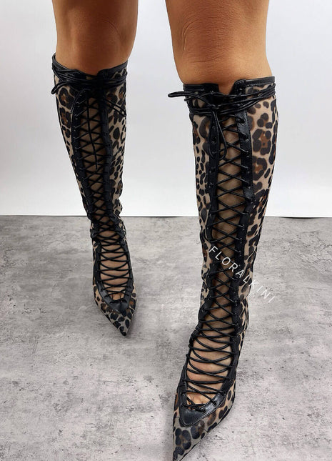 Leopard Print Mesh Laced-Up Tapered Toe Knee High Stiletto Boots