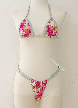 Contrast Floral Print Triangle Brazilian Bikini Set