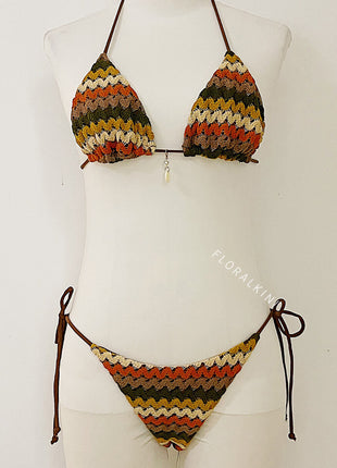 Multi Crochet Triangle Halter Tie Side Bikini Set With Silver Ring Details