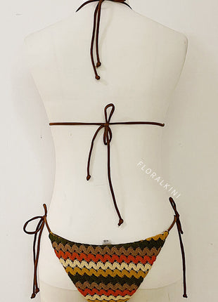 Multi Crochet Triangle Halter Tie Side Bikini Set With Silver Ring Details