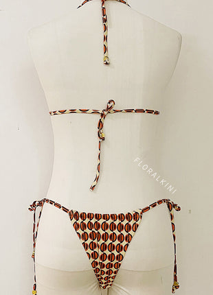 Geometric Abstract Print Triangle Tie Side Bikini Set With Silver Ring Details