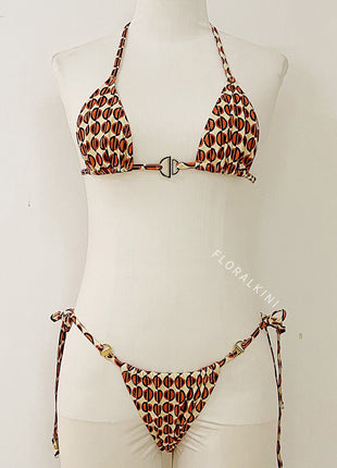 Geometric Abstract Print Triangle Tie Side Bikini Set With Silver Ring Details
