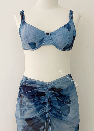 Floral Underwire High-Cut Bikini Set With Self-Tie Maxi Sarong Skirt
