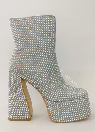 Rhinestone-Embellished Platform High Block Heel Ankle Bootie