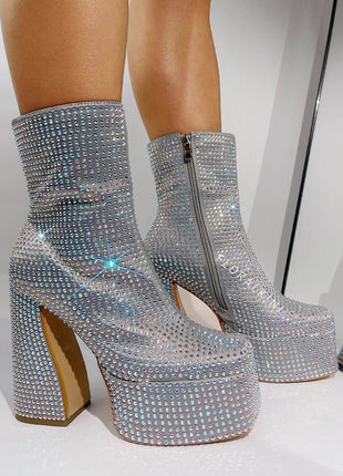 Rhinestone-Embellished Platform High Block Heel Ankle Bootie