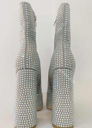 Rhinestone-Embellished Platform High Block Heel Ankle Bootie