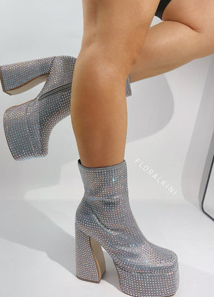 Rhinestone-Embellished Platform High Block Heel Ankle Bootie