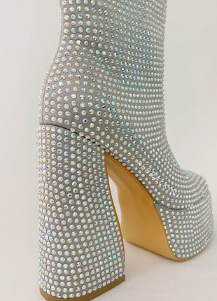 Rhinestone-Embellished Platform High Block Heel Ankle Bootie