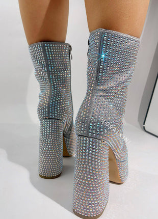 Rhinestone-Embellished Platform High Block Heel Ankle Bootie
