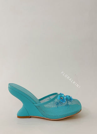 Floral Embellished Mesh Pyramid Wedge Mule Sandals