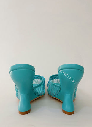Floral Embellished Mesh Pyramid Wedge Mule Sandals