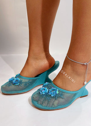 Floral Embellished Mesh Pyramid Wedge Mule Sandals