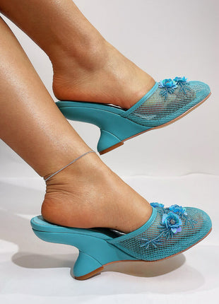 Floral Embellished Mesh Pyramid Wedge Mule Sandals