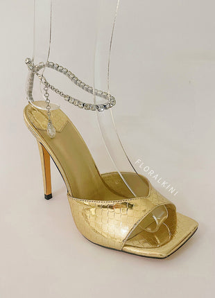 Snakeskin-Effect Diamante Chain Detail Ankle Strap Pointed Toe Stiletto Heel Sandals