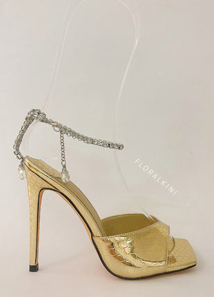 Snakeskin-Effect Diamante Chain Detail Ankle Strap Pointed Toe Stiletto Heel Sandals