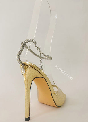 Snakeskin-Effect Diamante Chain Detail Ankle Strap Pointed Toe Stiletto Heel Sandals