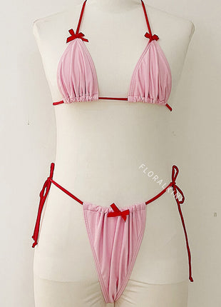 Contrast Triangle Halter Tie Side Bikini Set With Bows Detailing
