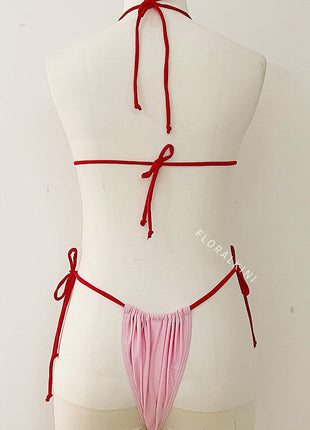 Contrast Triangle Halter Tie Side Bikini Set With Bows Detailing