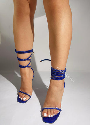 Diamante Embellished Lace Up Square Toe High Heels - Blue
