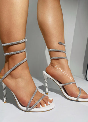 Satin Diamante Ankle Wrap Open Toe High Heel Sandals - White