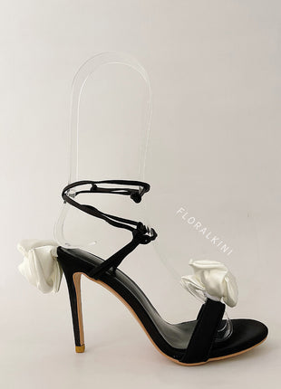 Ivory And Black Flower Embellished Satin Lace Up Open Toe Stiletto Heels Sandals