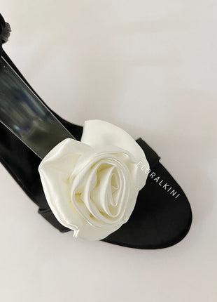Ivory And Black Flower Embellished Satin Lace Up Open Toe Stiletto Heels Sandals