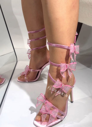 Crystal-Embellished Bow Around The Ankle Coil Stiletto Sandals