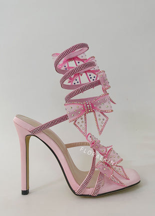 Crystal-Embellished Bow Around The Ankle Coil Stiletto Sandals