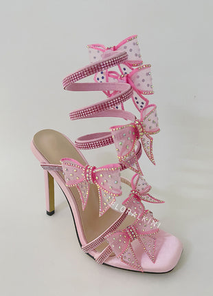 Crystal-Embellished Bow Around The Ankle Coil Stiletto Sandals