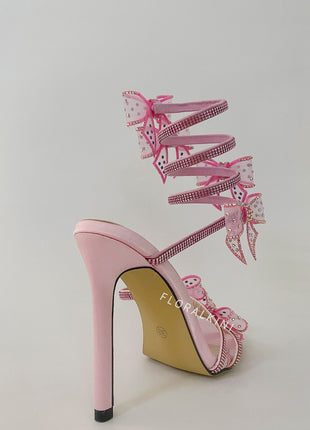 Crystal-Embellished Bow Around The Ankle Coil Stiletto Sandals